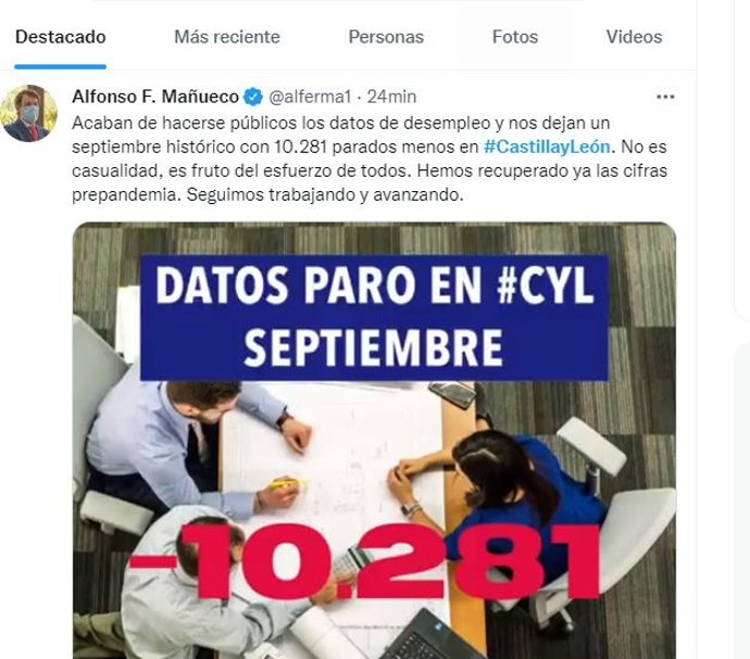 Captura del tuit de Mañueco sobre los datos del paro de septiembre  de 2021.