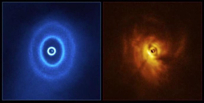 Una imagen de GW Orionis, un sistema de estrellas triples con un misterioso espacio en los anillos de polvo circundantes.