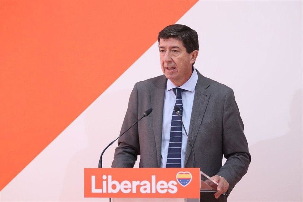 El vicepresidente de la Junta y coordinador de Cs en Andalucía, Juan Marín, este lunes en rueda de prensa.
