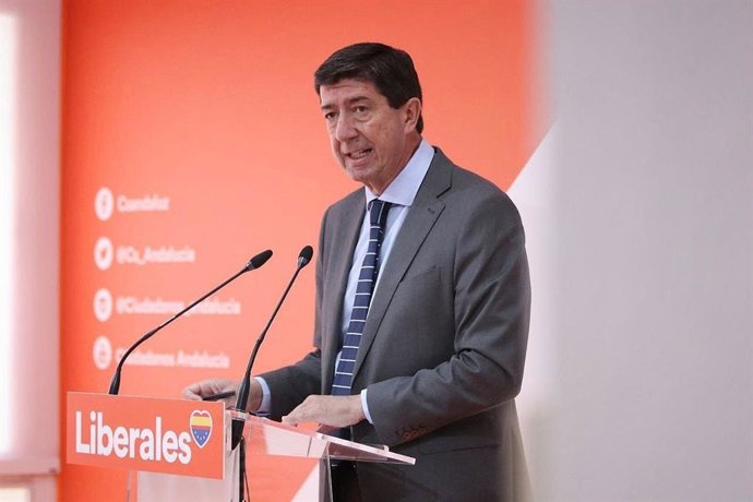 El vicepresidente de la Junta y coordinador de Cs en Andalucía, Juan Marín, este viernes en rueda de prensa.