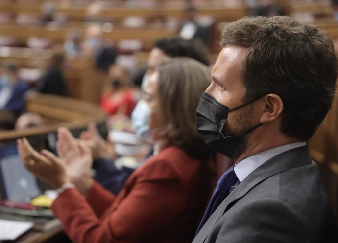 El líder del PP, Pablo Casado, en una sesión de control al Gobierno en el Congreso de los Diputados, a 29 de septiembre de 2021, en Madrid, (España). 