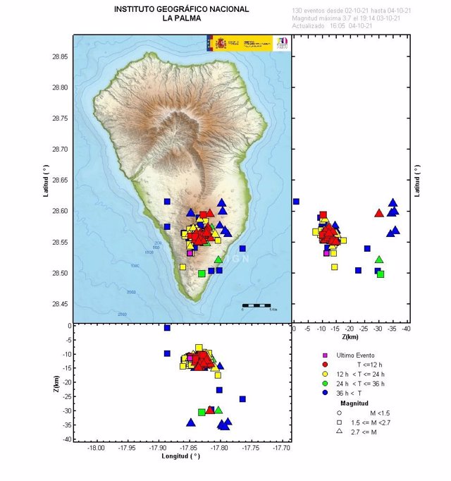 Mapa de La Palma con la sismicidad producida en el sur de la isla