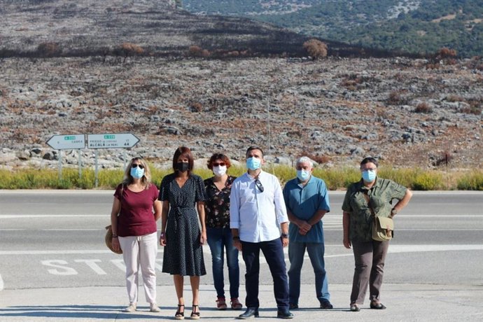 Martina Velarde (2 izda.) con otros dirigentes de Podemos en una zona de la Sierra de Cabra calcinada por un incendio.