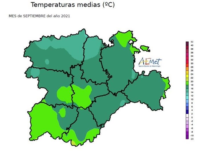 Mapa elaborado por la Aemet sobre el balance de temperaturas en CyL en el mes de septiembre