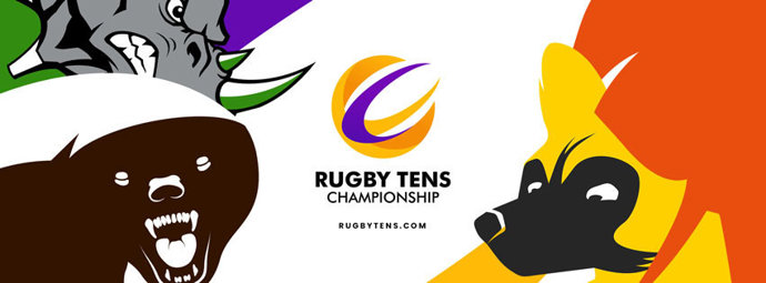 Rugby Tens Championship logo composite including: San Clemente Rhinos, Balkans Honey Badgers, Serengeti Elephants, and Cape Town Wild Dogs.