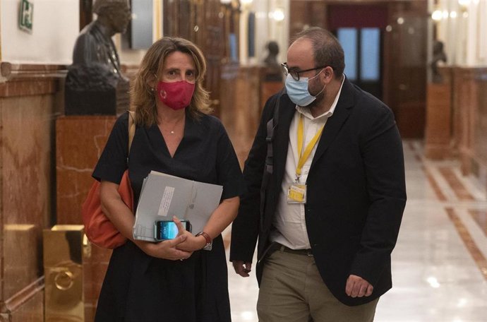 La vicepresidenta tercera y ministra para la Transición Ecológica y el Reto Demográfico, Teresa Ribera,  a su salida de una sesión plenaria en el Congreso