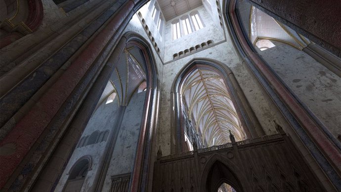 Vista del interior de la Catedral de San Pablo como se vería en 1622, antes de que fuera destruida en el Gran Incendio de 1666.