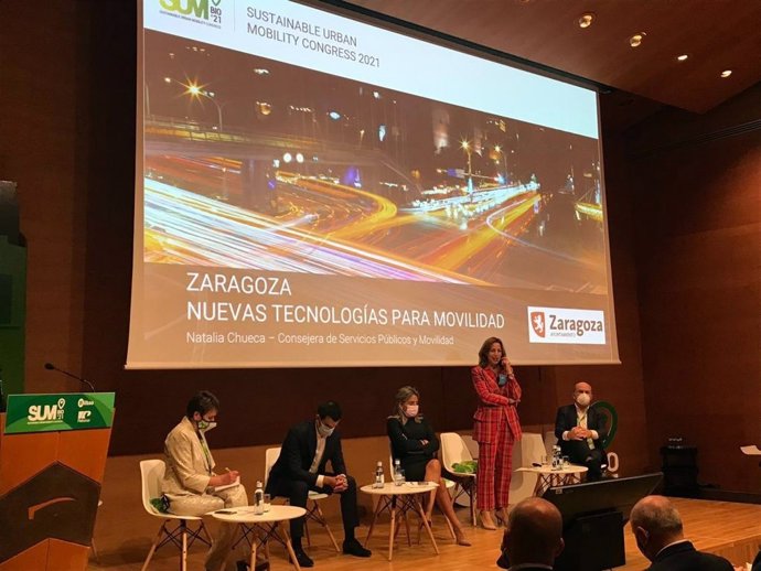 La consejera municipal de Servicios Públicos y Movilidad del Ayuntamiento de Zaragoza, Natalia Chueca, interviene en el foro "Nuevas tecnologías al servicio de la movilidad", dentro del Sustainable Urban Mobility (SUM) Congress de Bilbao