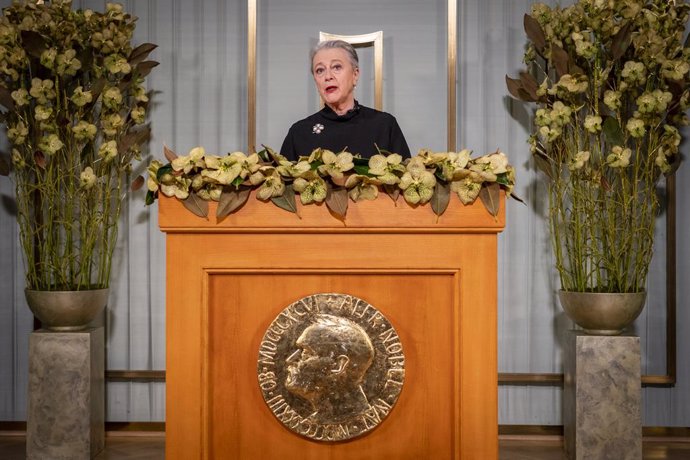 Archivo - 10 December 2020, Norway, Oslo: Nobel Committee chair Berit Reiss-Andersen makes a short statement at the Nobel Institute as part of the digital award ceremony for 2020 Peace Prize winner, the World Food Program (WFP). Due to the coronavirus p