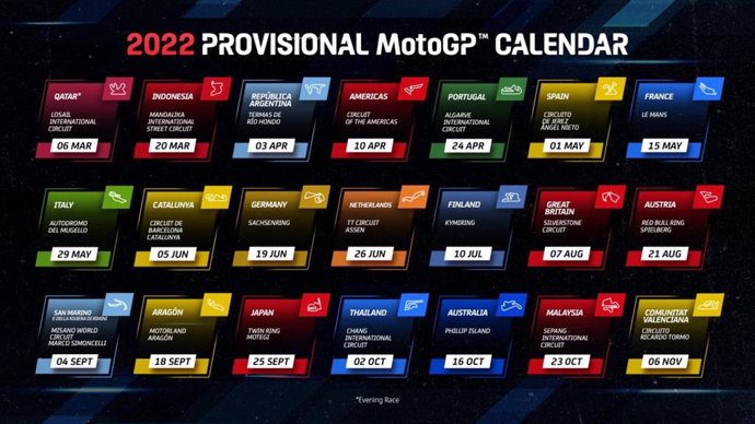 Calendario provisional del Mundial 2022 de motociclismo, para MotoGP, Moto2 y Moto3