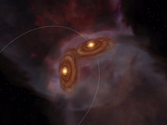 Impresión artística del joven sistema binario XZ Tau. Las dos estrellas del sistema tienen cada una un disco protoplanetario a su alrededor que está inclinado con respecto al otro. Las dos estrellas jóvenes orbitan en un plano diferente al de cada disco