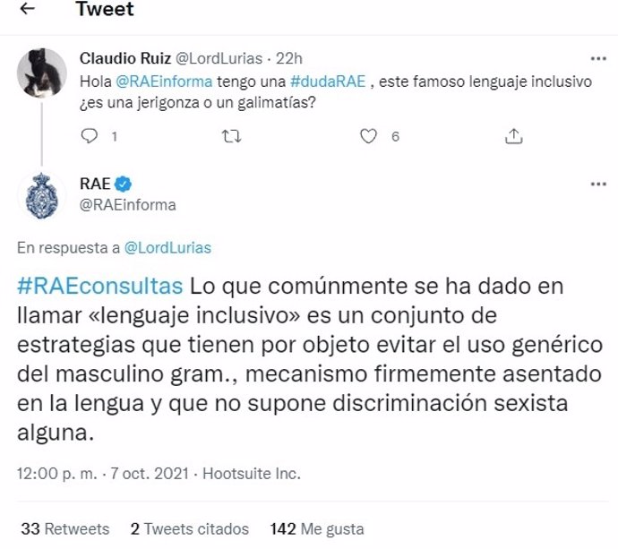 Tuit de la RAE con respuesta sobre el lenguaje inclusivo