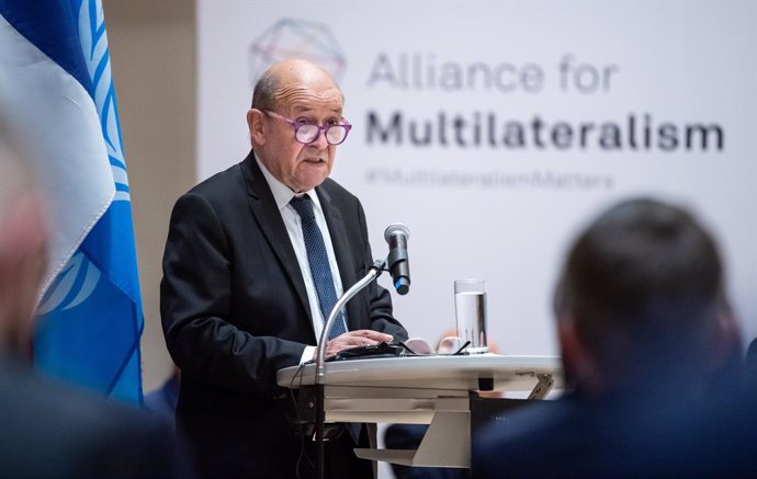 23 September 2021, US, New York: French Foreign Minister Jean-Yves Le Drian speaks during a meeting of the Alliance for Multilateralism at the German House, the Permanent Mission of the Federal Republic of Germany to the United Nations. Photo: Bernd von