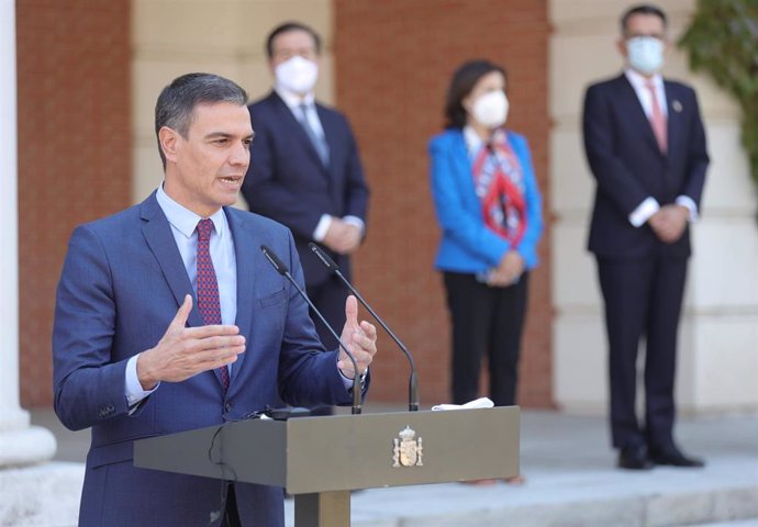 El presidente del Gobierno, Pedro Sánchez, en una rueda de prensa tras una reunión con el secretario general de la OTAN, Jens Stoltenberg