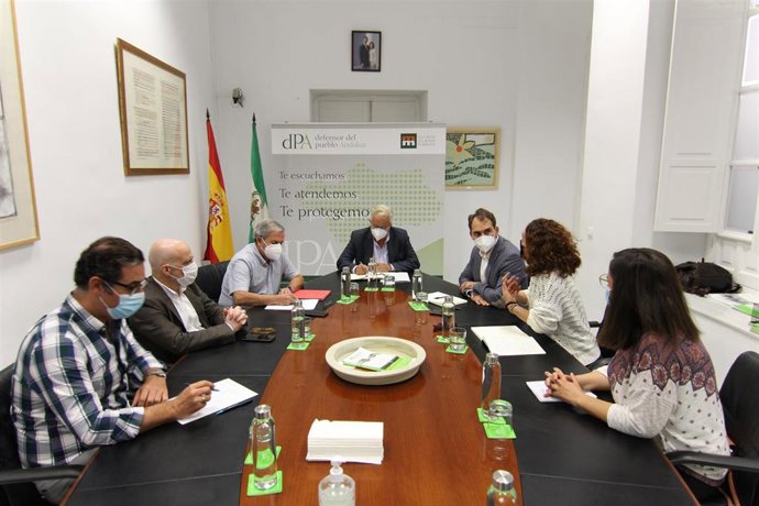 Imagen de este viernes del encuentro del Defensor del Pueblo, Jesús Maeztu, con el coordinador de IU en Andalucía, Toni Valero, y la diputada autonómica Ana Naranjo.
