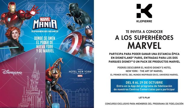 Klépierre lanza su nueva app de fidelización y, para celebrarlo, sorteará entre sus clientes una estancia única e inolvidable para conocer a los superhéroes Marvel en Disneyland París