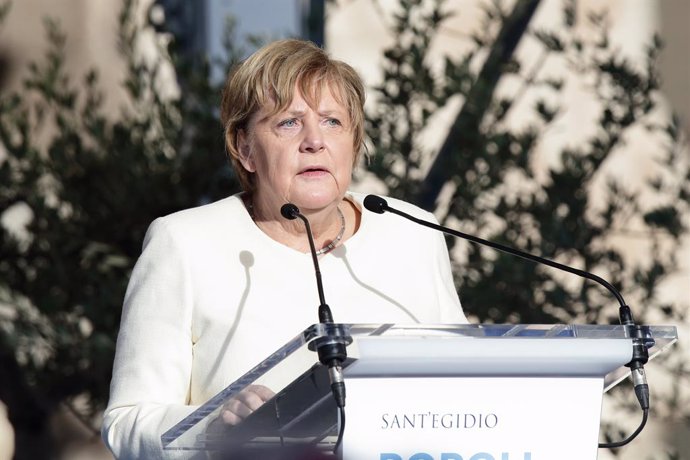 07 October 2021, Italy, Rome: German Chancellor Angela Merkel delivers a speech Pope Francis delivers a speech during the interreligious meeting "Brother peoples, future land" the Community of Sant'Egidio, and presided by Pope Francis and representative