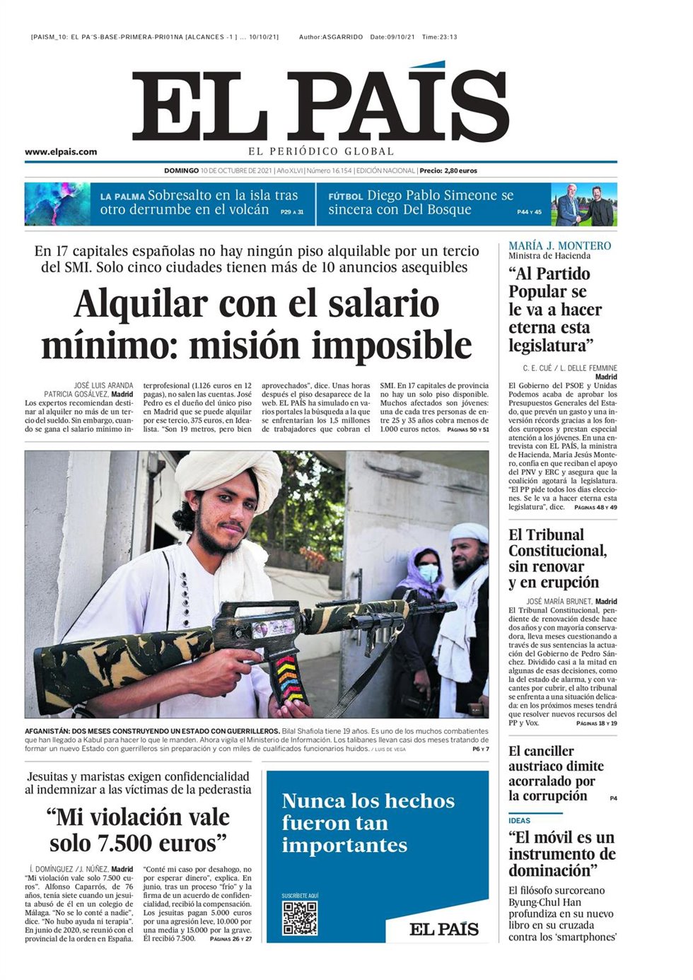 Portada de El País del domingo, 10 de octubre de 2021