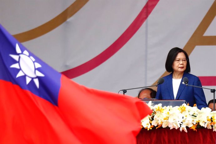 October 10, 2021, Taipei, Taipei, Taiwan: Taiwanese President Tsai Ing-wen delivers a speech during the Double-Tenth National Day Celebration Ceremony, following Chinese President Xi Jinpings vow to unify Taiwan by peaceful means. The self ruled island
