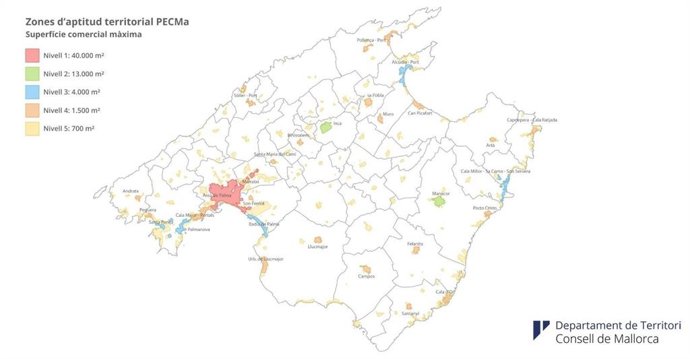 Mapa de zonas de aptitud territorial según el Plan Director de Equipamientos Comerciales de Mallorca (PECM).