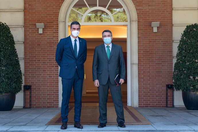 Archivo - El presidente del Gobierno, Pedro Sánchez (i) y el portavoz del PNV en el Congreso, Aitor Esteban (d), posan en el Palacio de la Moncloa antes de mantener una reunión, en Madrid