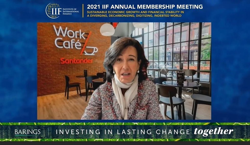 La presidenta de Banco Santander, Ana Botín, durante la '2021 IIF Annual Membership Meeting'.