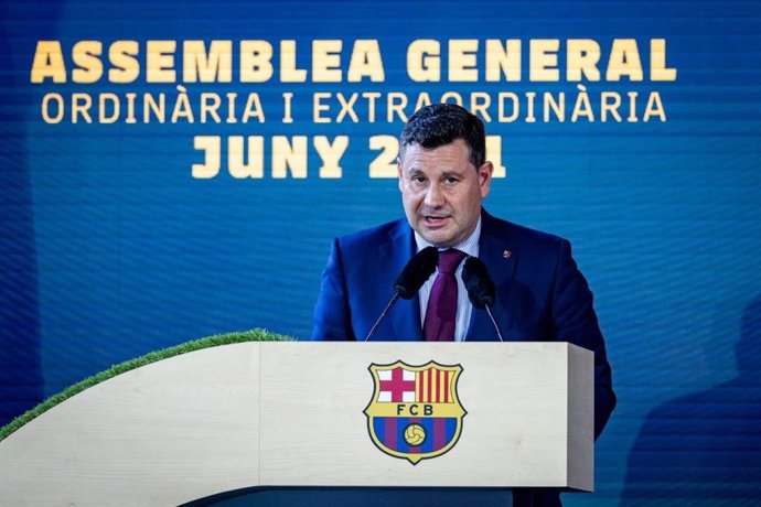 Archivo - El vicepresidente económico del FC Barcelona, Eduard Romeu, en la Asamblea General Ordinaria y Extraordinario del club blaugrana realizada el 20 de junio de 2021 en el Camp Nou