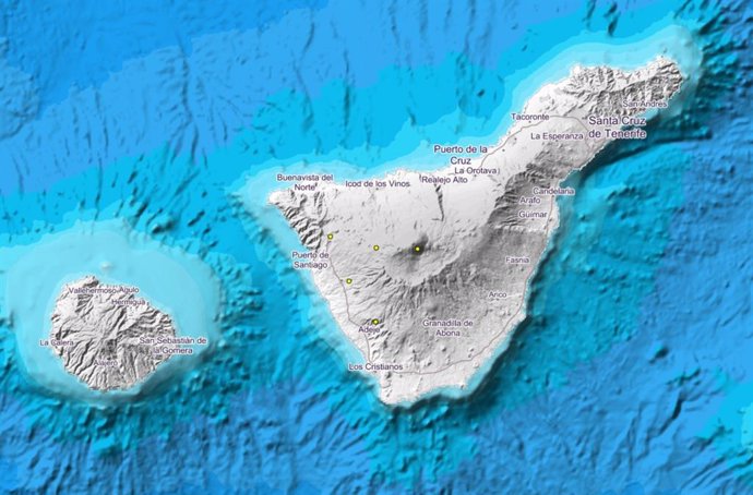 Localización de los sismos en la isla de Tenerife