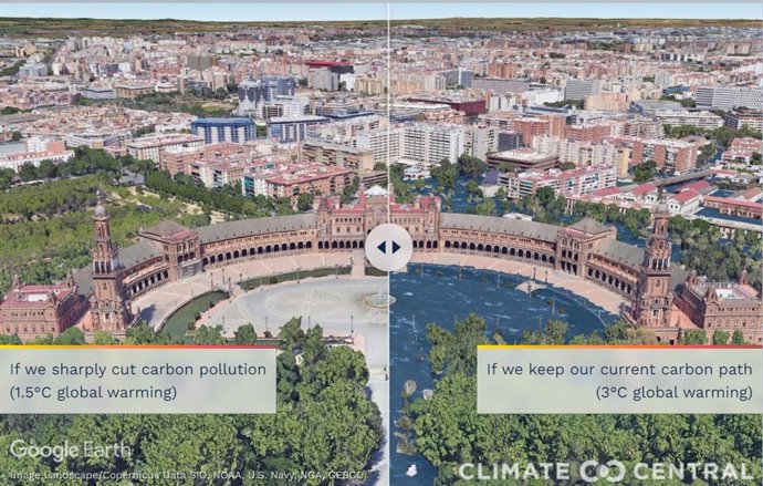 Climate Central refleja cómo afectará el aumento del nivel a lugares emblemáticos, entre ellos Sevilla y Barcelona