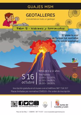 Cartel del geotaller infantil sobre los volcanes y los terremotos que tendrá lugar el sábado día 16