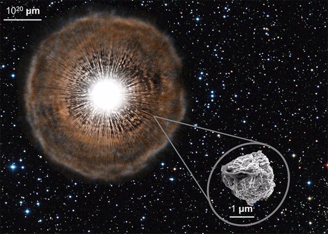 Archivo - Imagen de microscopio electrónico de un grano de polvo de estrellas de carburo de silicio, SiC, del tamaño de una micra (abajo a la derecha) extraído de un meteorito primitivo