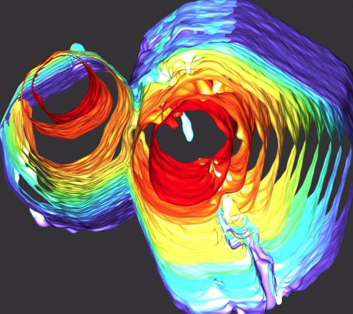 Una visualización de tomografía de rayos X muestra una vista de arriba hacia abajo de dos cuasicristales a medida que comienzan a fusionarse durante el enfriamiento.