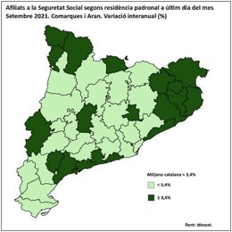 Afiliados a la Seguridad Social según residencia padronal el último día del mes de septiembre de 2021