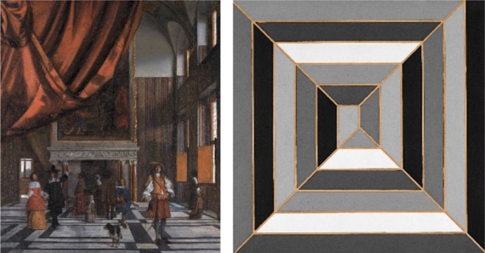 Archivo - Pieter Hendricksz. De Hooch, La sala del concejo del Ayuntamiento de Ámsterdam (c.1663-1665); Frank Stella, Sin título (1966). Museo Nacional Thyssen-Bornemisza, en Madrid