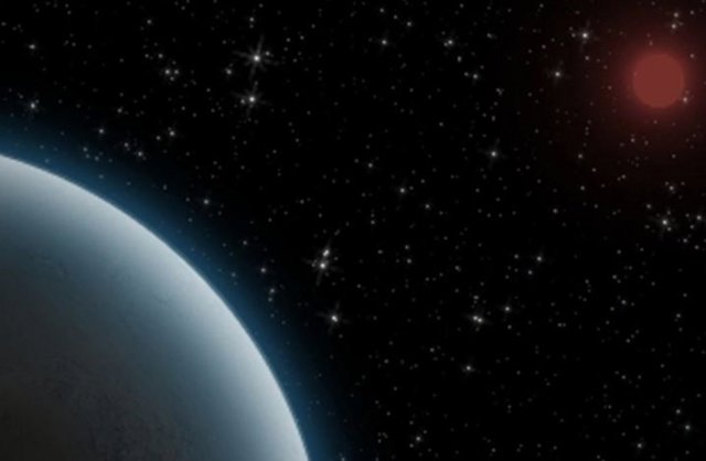 Ilustración del superjúpiter con una luna en primer término