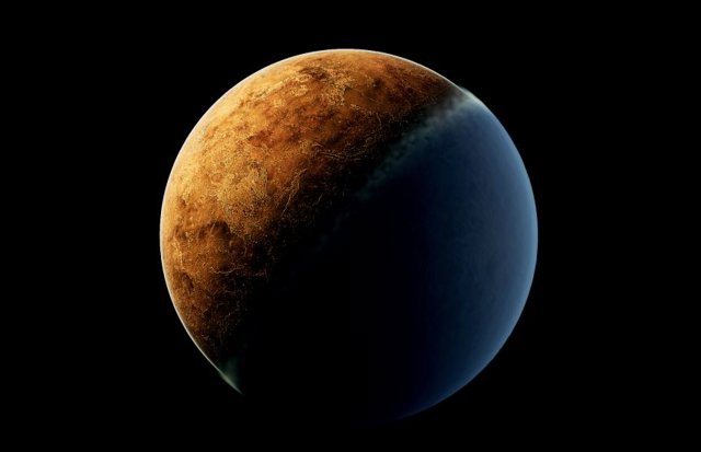 Ilustración artística de Venus temprano con un lado diurno sin nubes y nubes en el lado nocturno, manteniendo el planeta caliente