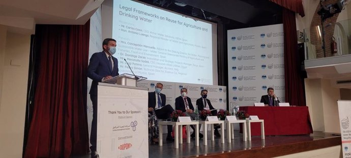 El consejero Antonio Luengo durante su ponencia en Roma sobre el modelo de gestión hídrica en la Región de Murcia.