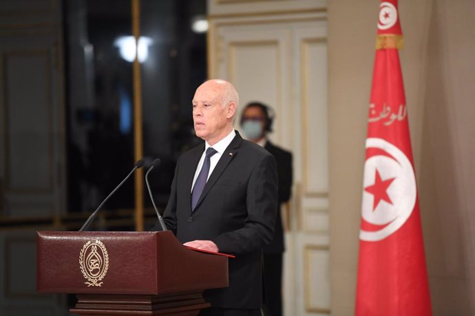 11 October 2021, Tunisia, Carthage: Tunisian President Kais Saied speaks during the new government's swearing-in ceremony at the Carthage Presidential Palace. Photo: Chokri Mahjoub/ZUMA Press Wire/dpa