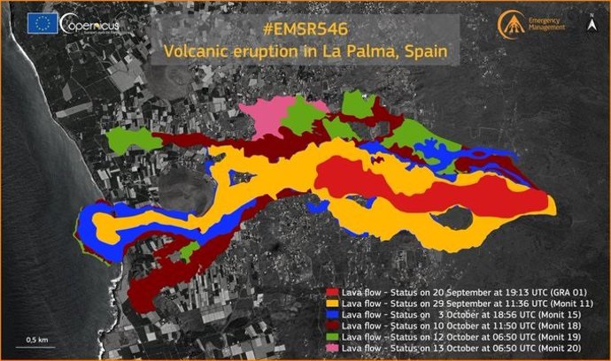 Evolución de la lava en La Palma según el mapa de Copernicus