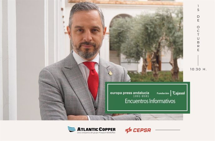 Cartel anunciador del encuentro informativo de Europa Press Andalucía con el consejero de Hacienda y Financiación Europea de la Junta de Andalucía, Juan Bravo, este 15 de octubre en Sevilla