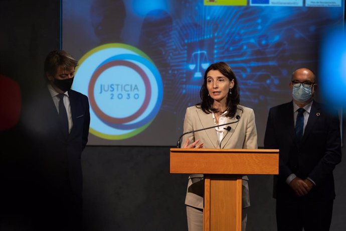 La ministra de Justicia, Pilar Llop, interviene durante la presentación del Plan Justicia 2030 en el Palacio de la Audiencia de Soria.