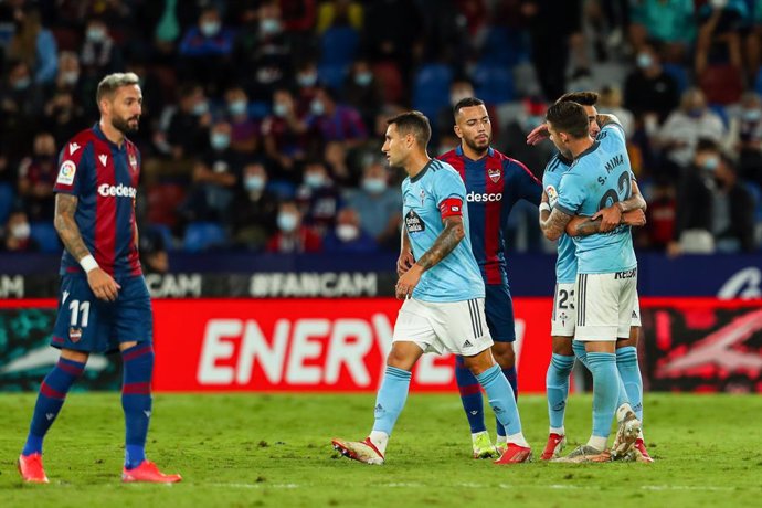 Brais Mendez of Celta de Vigo celebrates a goal with teammates during the Santander League match between Levante UD and RC Celta de Vigo at the Ciutat de Valencia Stadium on September 21, 2021, in Valencia, Spain.