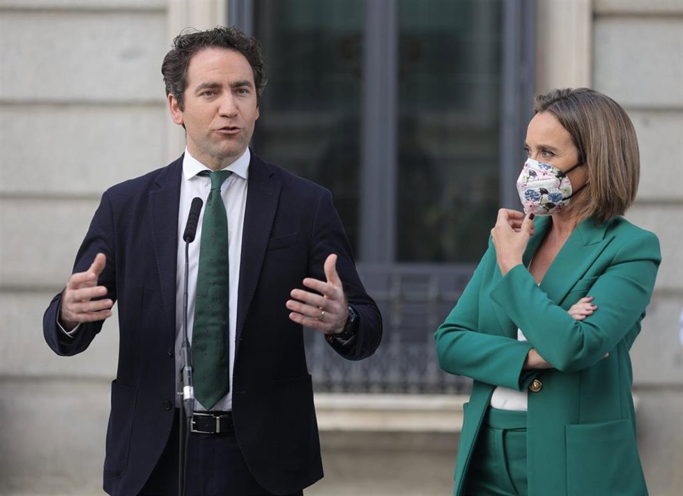 El secretario general del Partido Popular, Teodoro García Egea, interviene en una rueda de prensa tras participar en una sesión plenaria en el Congreso de los Diputados, a 14 de octubre de 2021, en Madrid, (España). 