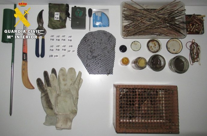 Material aprehendido al hombre que capturaba los jilgueros silvestres en Las Merindades