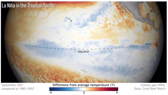 Así es como se ve La Niña: las temperaturas de la superficie del mar más frías que el promedio a lo largo del ecuador es indicativo de La Niña en el Océano Pacífico tropical en septiembre de 2021.