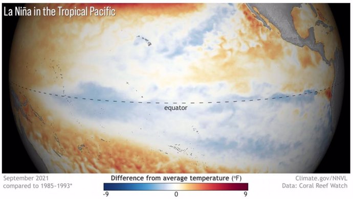 Así es como se ve La Niña: las temperaturas de la superficie del mar más frías que el promedio a lo largo del ecuador es indicativo de La Niña en el Océano Pacífico tropical en septiembre de 2021.