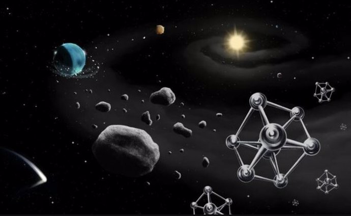Ilustración de la formación de un planeta alrededor de una estrella similar al Sol, con los componentes básicos de los planetas (rocas y moléculas de hierro) en primer plano.