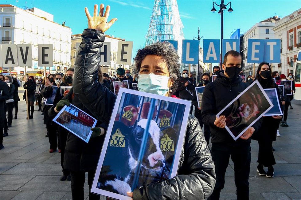 Archivo - Participantes en la concentración de Igualdad Animal sostienen carteles con fotos de animales. La organización denuncia "la relación" de la ganadería industrial con las pandemias y "el maltrato sistemático que padecen millones de animales" en 