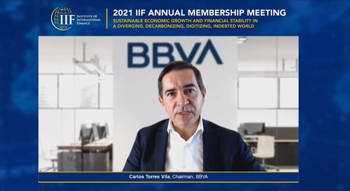 El presidente de BBVA, Carlos Torres, en el 2021 IIF Annual Membership Meeting.