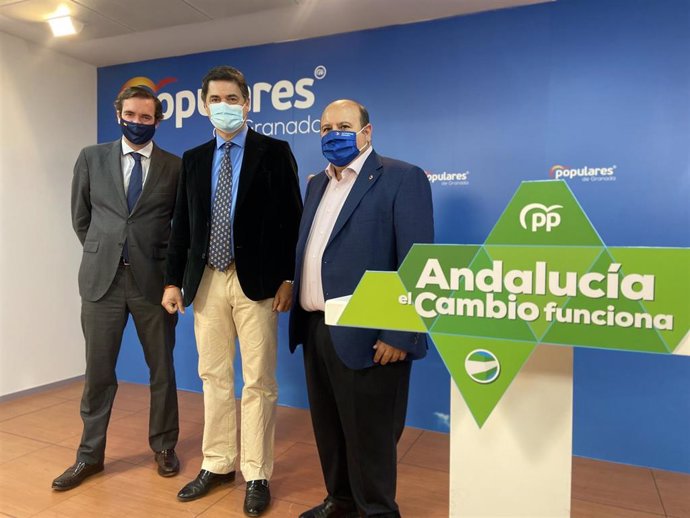Los diputados nacionales del PP Carlos Rojas y Pablo Hispán, y el senador por la provincia José Robles en su comparecencia para valorar el proyecto de PGE para 2022.